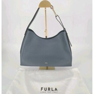 Furla Nuvola Medium Hobo Shoulder Bag Blue Pebbled Leather Gold Hardware Purse E